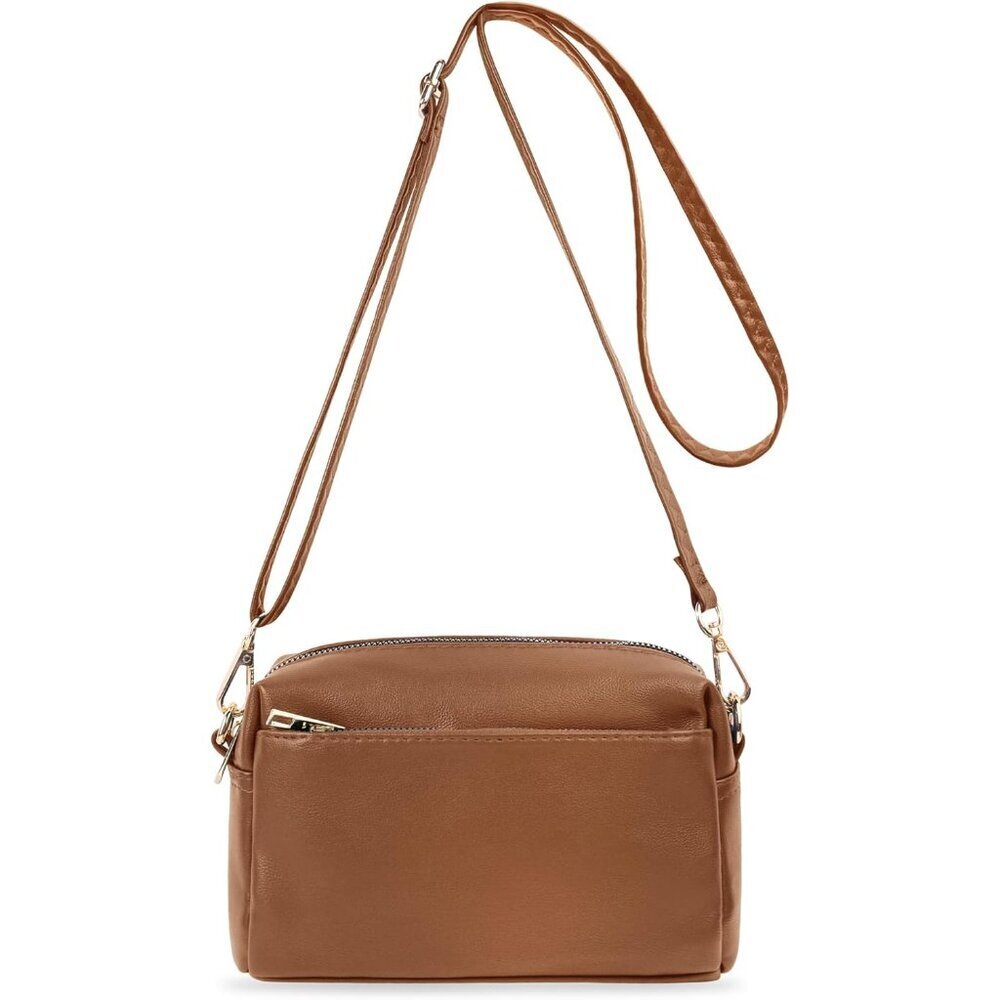 Small Leather Crossbody Bag Triple Zip Shoulder Purse For Women Brown